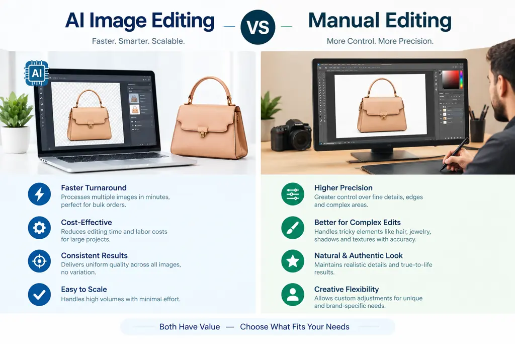 AI Image Editing vs Manual Editing comparison for professional photo retouching